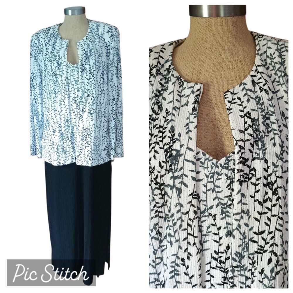 Vintage Alex Evenings 2 piece Dress+Jacket Set 14 Stretch Black White Glitter